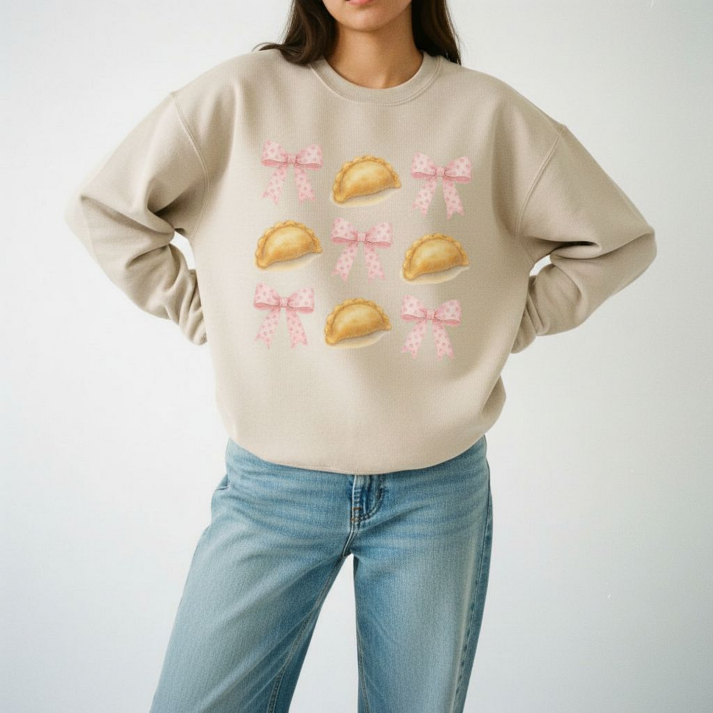 sand beige Pierogi Coquette Bow Sweatshirt | Girly Foodie Gift & Farewell Crewneck
