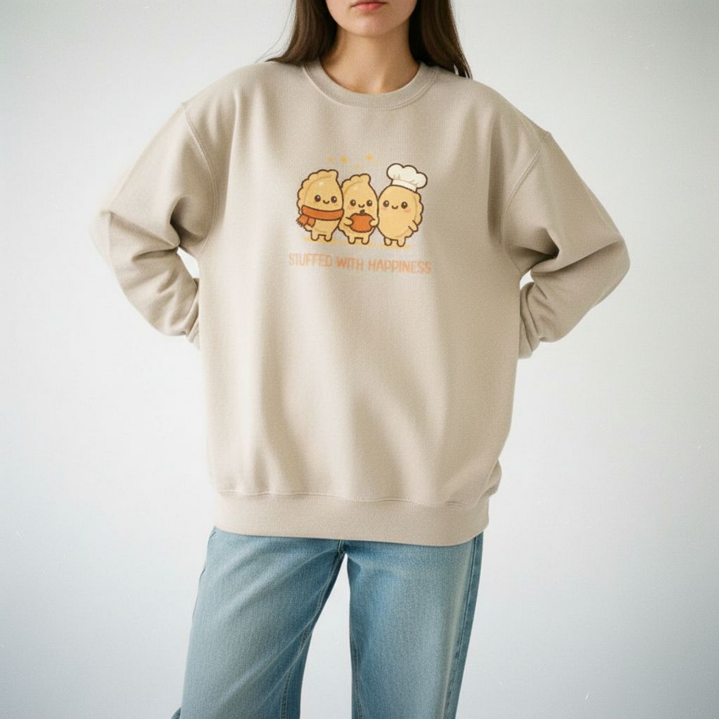 sand beige “Stuffed With Happiness” Pierogi Sweatshirt | Fall Host Gift Crewneck