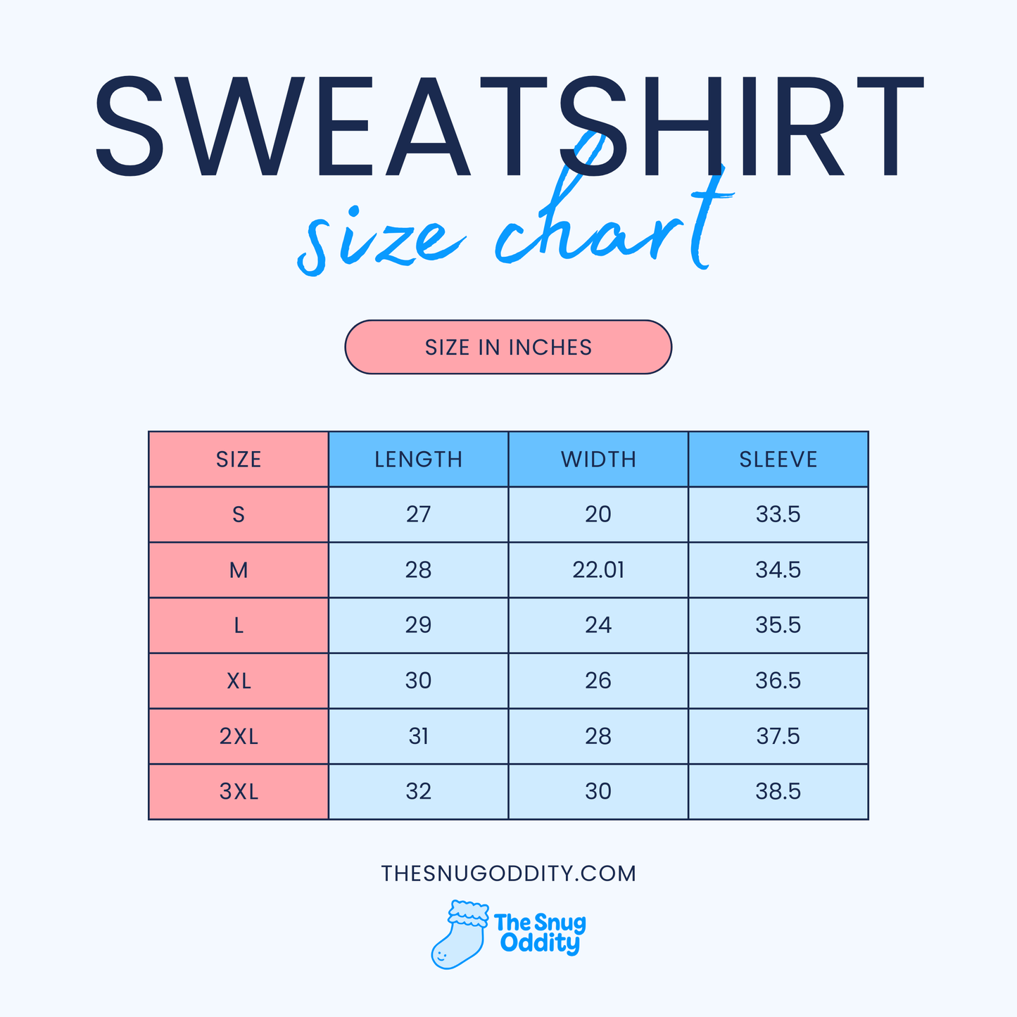 Sweatshirt size chart for Pierogi and Pumpkin Spice Sweatshirt