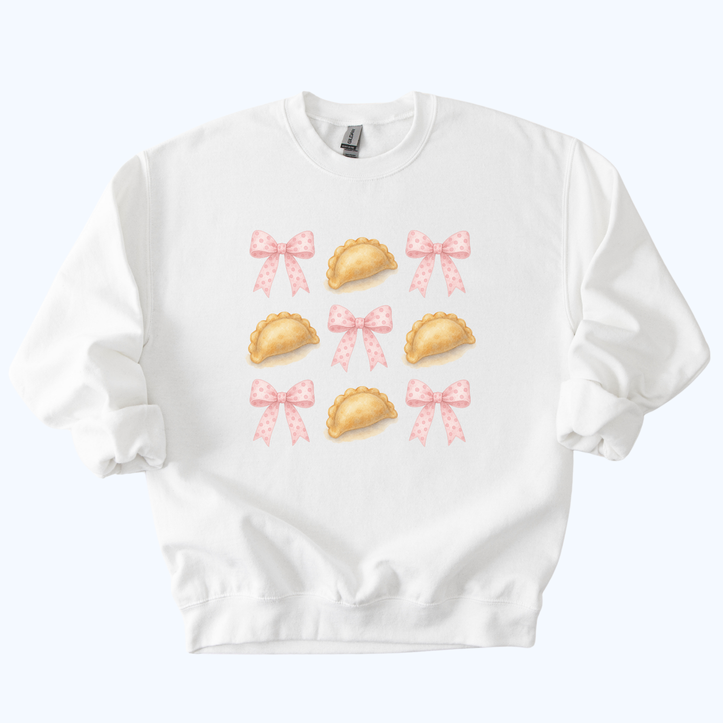 white Pierogi Coquette Bow Sweatshirt | Girly Foodie Gift & Farewell Crewneck