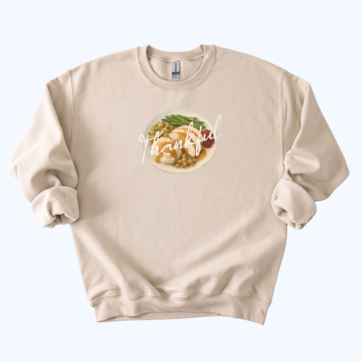 sand beige Thankful Host Sweatshirt | “Thankful” Fall Crewneck Gift