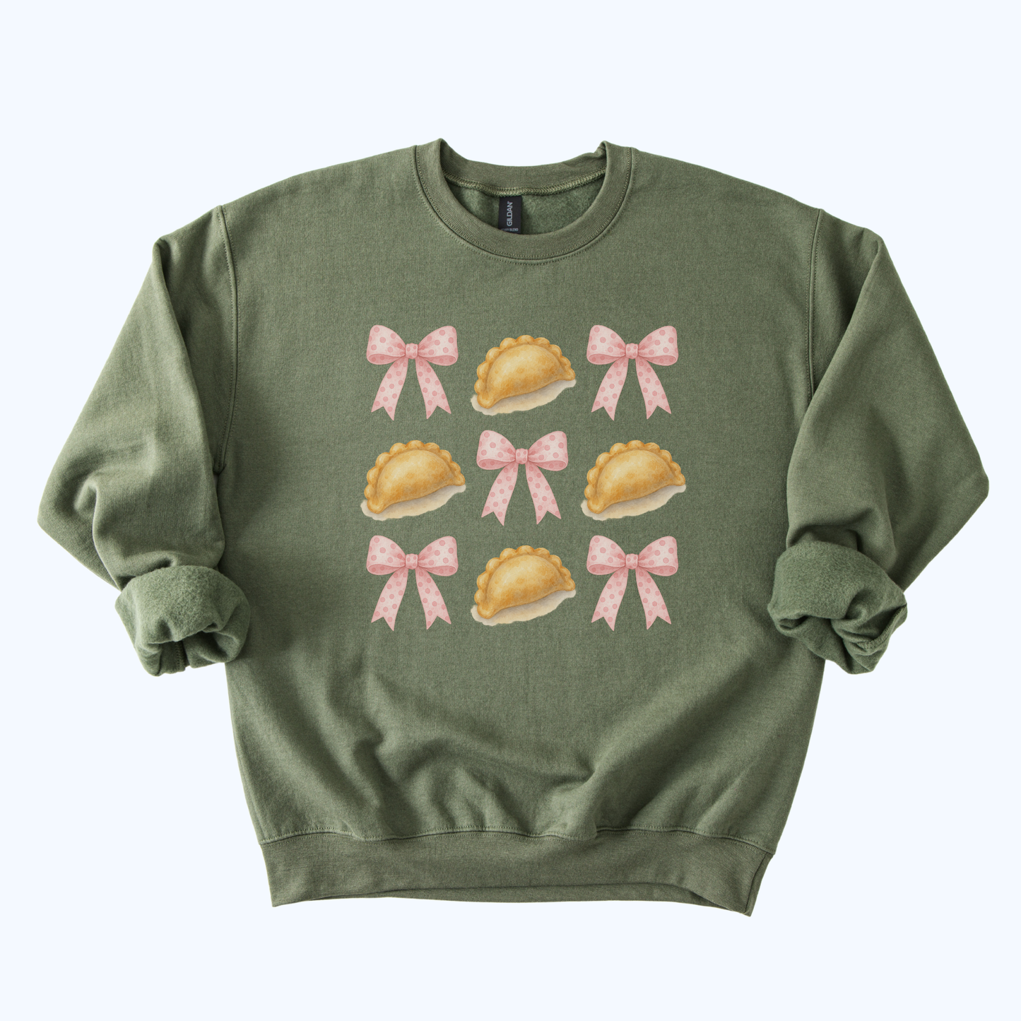 Military green Pierogi Coquette Bow Sweatshirt | Girly Foodie Gift & Farewell Crewneck