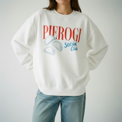 white Pierogi Social Club Sweatshirt | Polish Dumpling Lover Gift