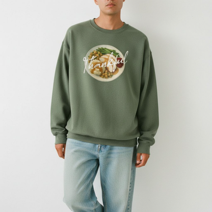 military green Thankful Host Sweatshirt | “Thankful” Fall Crewneck Gift