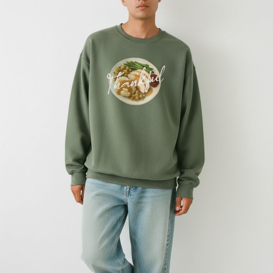 military green Thankful Host Sweatshirt | “Thankful” Fall Crewneck Gift