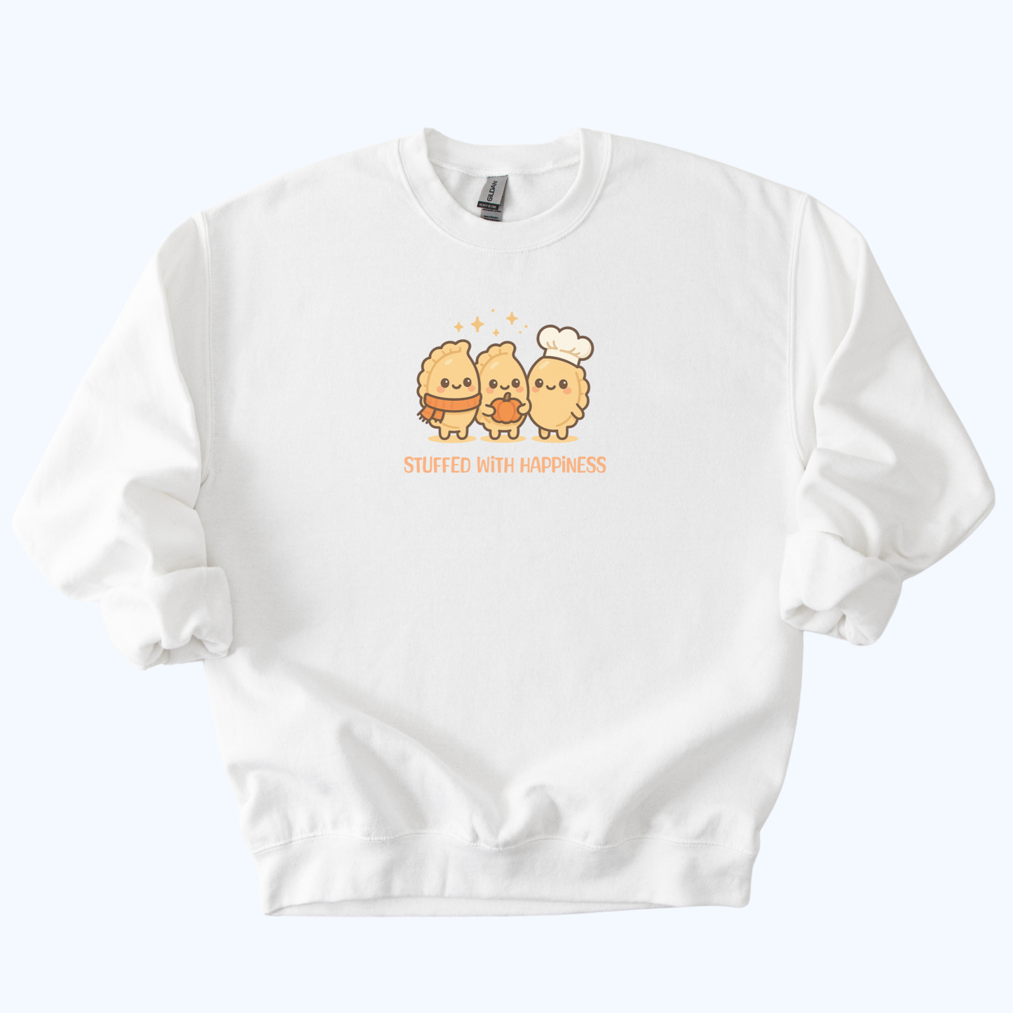 white “Stuffed With Happiness” Pierogi Sweatshirt | Fall Host Gift Crewneck