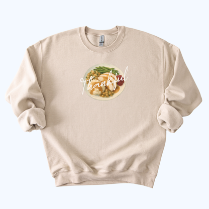 sand beige Thankful Host Sweatshirt | “Thankful” Fall Crewneck Gift