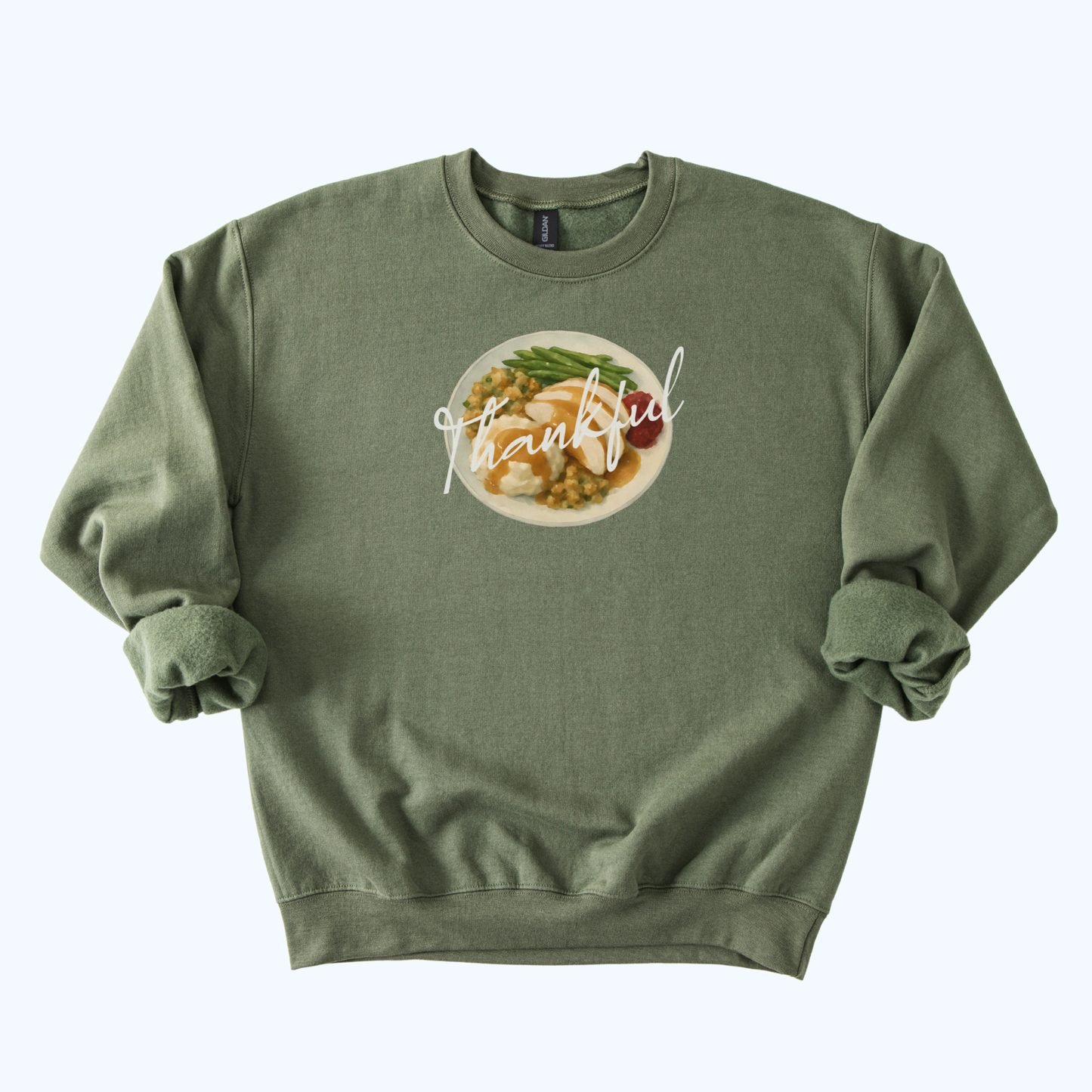 military green Thankful Host Sweatshirt | “Thankful” Fall Crewneck Gift