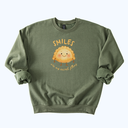 military green Smiles Are My Secret Filling Pierogi Sweatshirt